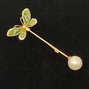 Green Enamel Butterfly Stick Pin Brooch with Faux Pearl